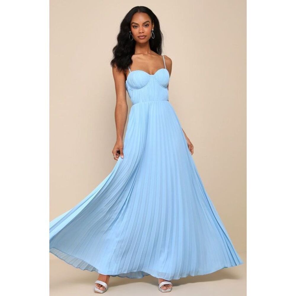 Lulus Admirable Elegance Light Blue Pleated Bustier Maxi Dress - Size M